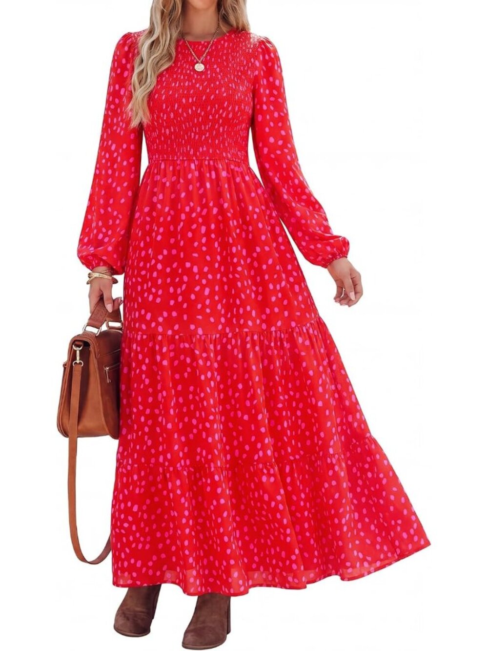 Women's Red Rose Trendy Outfits Long Sleeve Floral Boho A Line Maxi Fall Dress